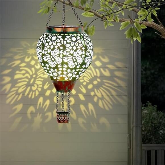Hot Air Balloon Solar Lantern, Butterfly Hollow Out Metal Hot Air Balloon Decor - Picture 7 of 7